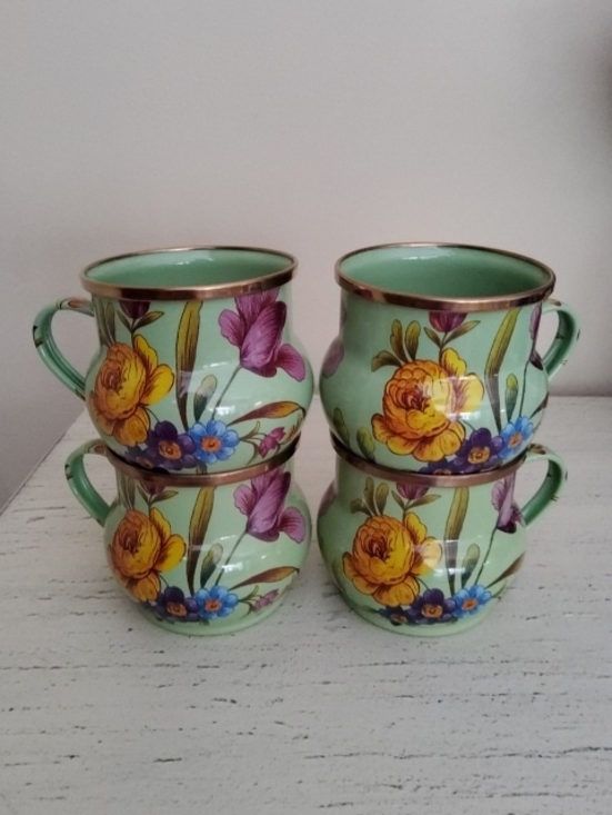MacKenzie-Childs Other - MacKenzie-Childs Green Flower Market Mugs with Gold Trim - Set of 4